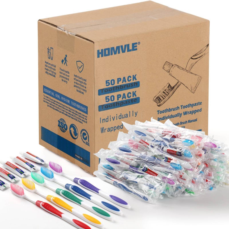 Homvle 50 Packs Individually Wrapped Buld Toothbrush and Toothpaste Disposable Toothbrush with Toothpaste for Travel Ttoothbrush Toiletries OCC Airbnb Dentist Office5 Colorful